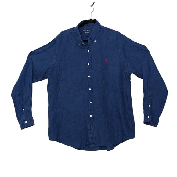 Ralph Lauren Size XL Ocean Wash Linen Blue Shirt Long Sleeves Red Pony Preppy - Picture 1 of 9
